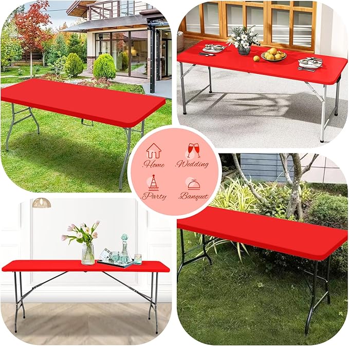 6 Pack Stretch Fabric Table Top Cap Cover, Red Table Covers fits 8Ft Tables, Washable Elastic Universal Rectangle Tablecloth Protector for Indoor Outdoor Party Picnic Wedding (30" W x 96" L)