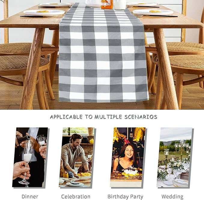 Fabric Checkered Table Runner 12 Pack Waterproof Gingham Table Runner 14W x 108L Buffalo Check Table Runners for Parties Kitchen Dining Wedding Banquet (Gray and White)