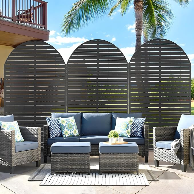 Metal Privacy Screen Outdoor 72" H×47" W,Freestanding Decorative Privacy Screen for Balcony Yard&Garden, Arched Privacy Fence-Black&Louvered