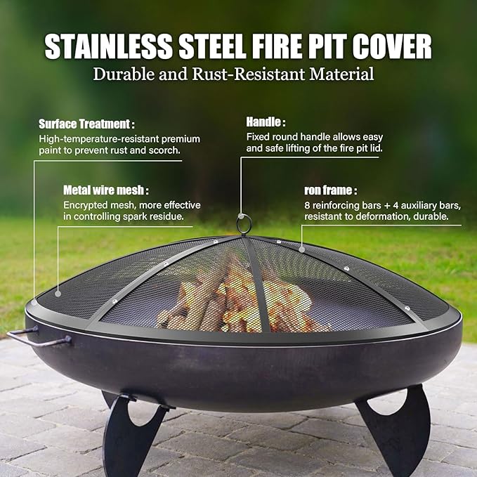 Fire Pit Spark Screen, 22Inch Fire Pit Lid Outdoor with Handle & Poker, Heavy-Duty Mesh Firepit Cove with 12 Reinforced Bars for Backyard/Beach/RV Camping