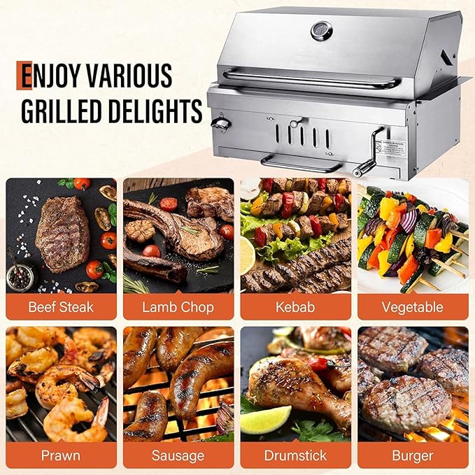 Large Charcoal BBQ Grills, Built in Barbecue Grill with Liftable Tray, Insulated Hood & Temp Gauge, Silver Stainless Steel BBQ Barrel Grill for Outdoor Kitchen Cooking Family Parties Patio Park Style