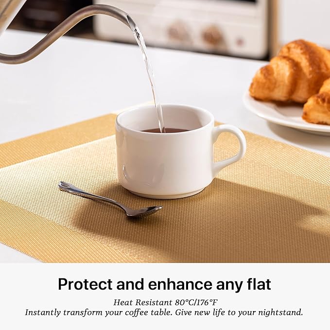 LEXMORE Placemats Set of 4 Vinyl/Plastic Woven Place Mats for Kitchen Table Indoor/Outdoor Washable Placemat Wipeable Dining Table Mats(Gold Cube)