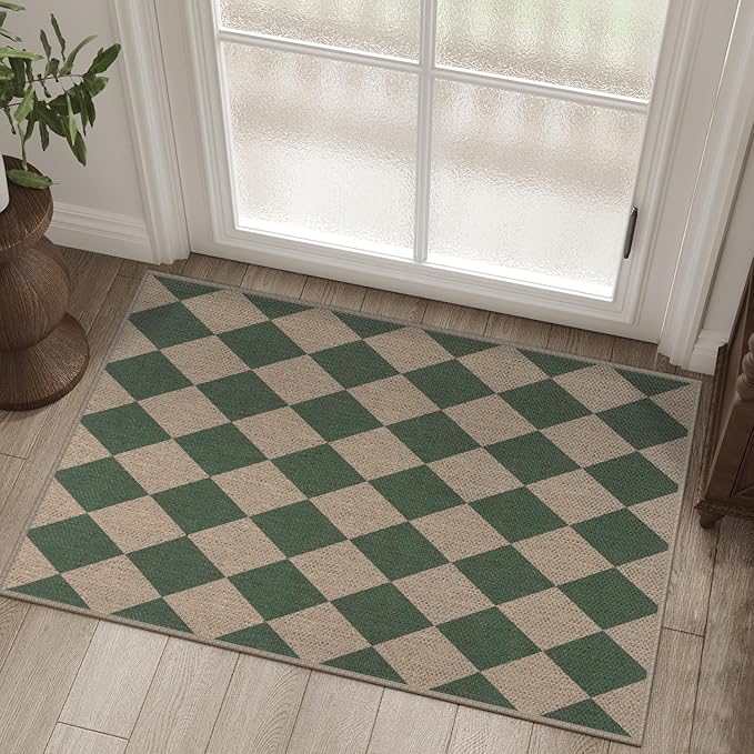 Easy Jute Checkered Entryway Rug, 2x3 Green Modern Indoor Outdoor Doormat, Washable Non-Slip Neutral Small Kitchen Rug Farmhouse Diamond Throw Rugs for Entrance Bedroom Bathroom