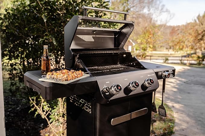 Monument Grills Outdoor Barbecue Stainless Steel 3 Burner Propane Gas Grill, 48,000 BTU Patio Garden Grill with Side Burner and Knob Controls, Mesa325 with BBQ Cover