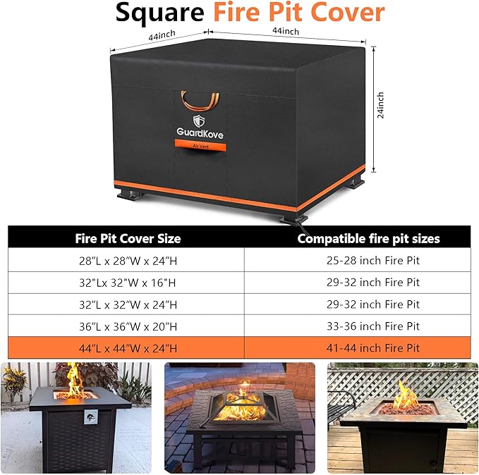 [Upgraded 1000D Heavy Duty Fabric] 44” Fire Pit Cover Square for 41”- 44” Fire Pit/Table, Waterproof Tear & Fade Resistant Firepit Cover with Buckle, Air Vents, Drawstring (44”L x 44”W x 24”H, Black)