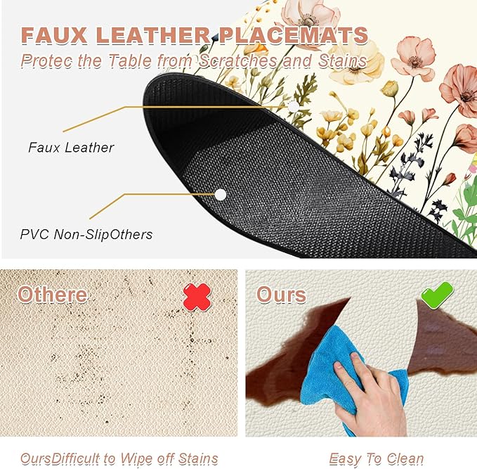 Flower Placemats Set of 4 - Spring Floral Faux Leather Heat Resistant Placemats for Dinner Table, Non-Slip Waterproof Oil-Proof Washable Reusable Placemat for Indoor Outdoor Kitchen, 15.75In*11.81In