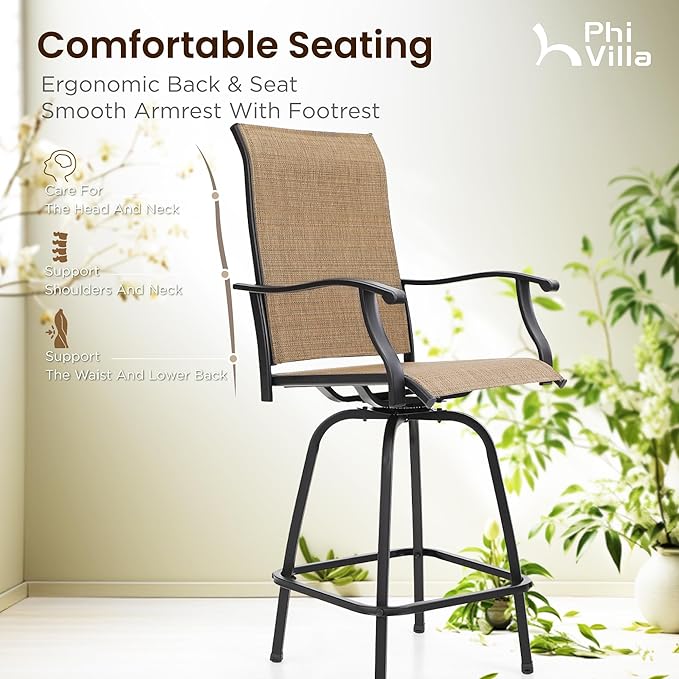 PHI VILLA 5 Piece Outdoor Bar Set with Swivel Patio Bar Stools, Patio Bar Bistro Table and Chairs with Brown Textilene Fabric & Square Bar Table for Deck, Balcony and Garden
