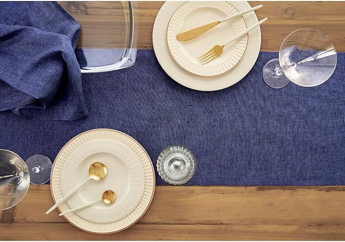 Solino Home Linen Table Runner 72 Inches Long - Athena, 100% Pure Linen Chambray Navy 14 x 72 Inch Table Runner for Dining, Spring, Winter