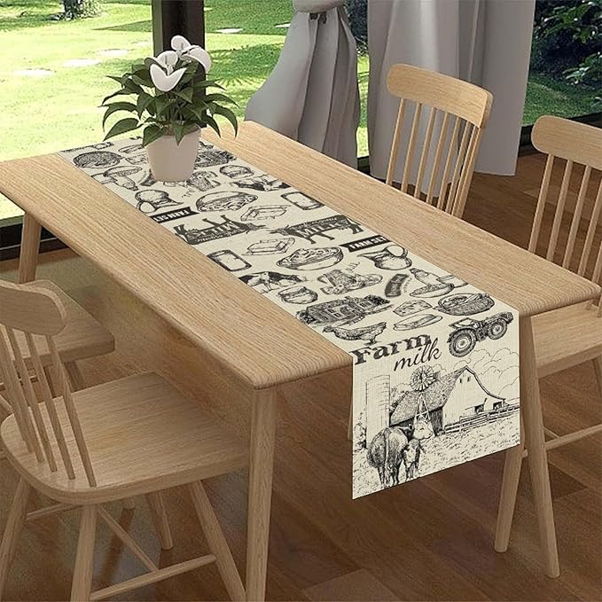 Farm Animals Table Runner, Rustic Farmhouse Rooster Cow Chicken Black Print Watercolor Coffee Table Center Decor for Home Kitchen Dining Patio Party Indoor Outdoor Table Decorations, 13" X 36"