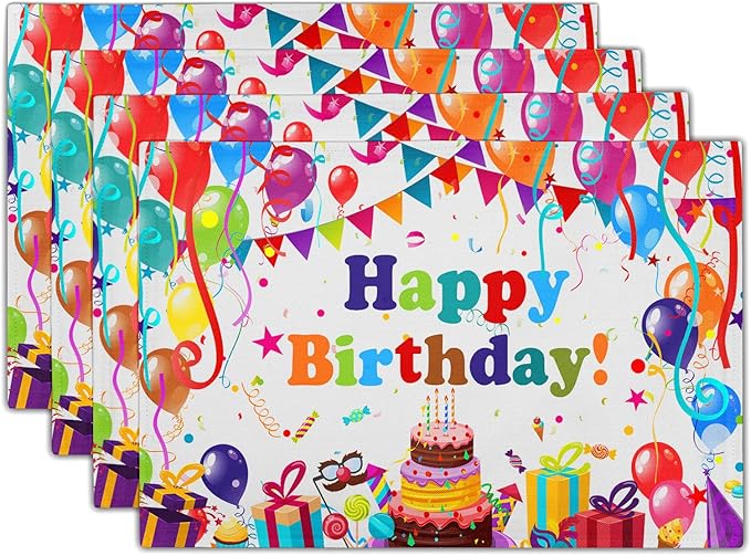 Giwawa Happy Birthday Placemats, Bithday Cake Gifts Decorative Table Mat Set of 4, Colored Flags Balloons Confetti Place Mats 12"x18" for Kitchen Dining Party, Heat Resistant Washable Non-Slip