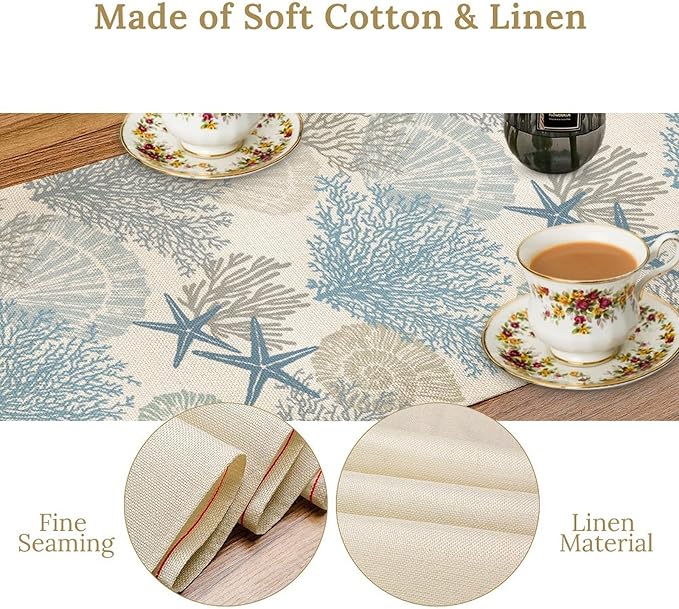 Nautical Table Runner, Summer Coastal Starfish Seashells Coral Tropical Ocean Beach Blue Farmhouse Coffee Table Center Decor for Home Kitchen Dining Patio Indoor Outdoor Table Decorations, 13"x90"