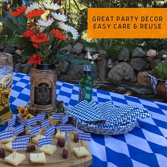 Blue & White Oktoberfest Tablecloth 54" x 120" – Bavarian Checkered Polyester Table Cover – Oktoberfest Decorations for Party, German Theme Party Supplies, Reusable & Durable | OktoberfestHaus