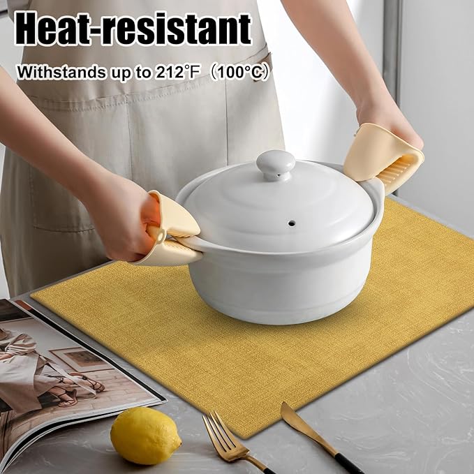 Homaxy Faux Leather Heat Resistant Placemats for Dining Table Set of 4, Waterproof Wipeable Washable PU Table Mats, Easy to Clean Anti-Slip Place Mats, 11.8" x 17", Yellow