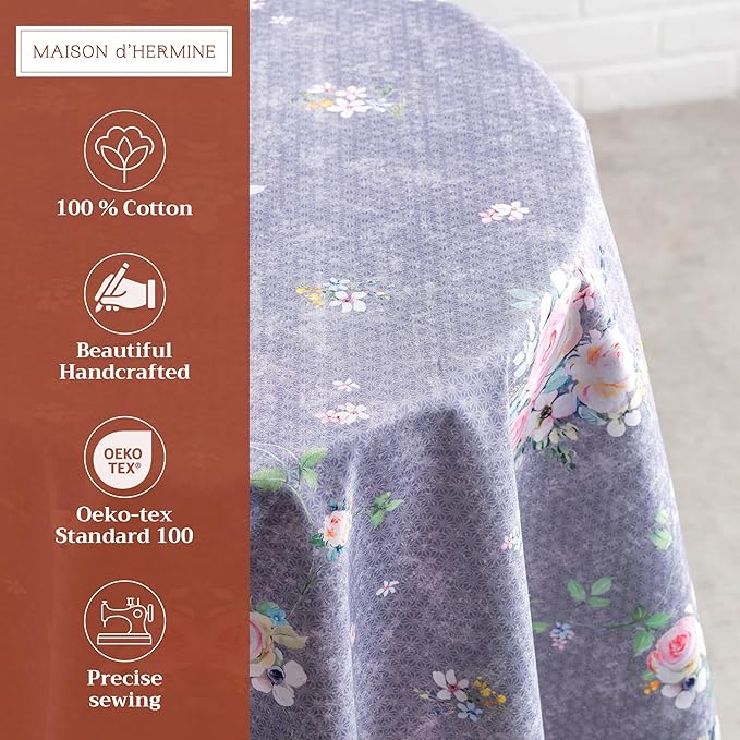 Maison d' Hermine Table Cloth Round Table 100% Cotton 69 Inches Tablecloth Reusable for Dining Room, Farmhouse, Home, Party, Festive & Wedding Spring Summer - Sweet Rose Lavender - Country Garden