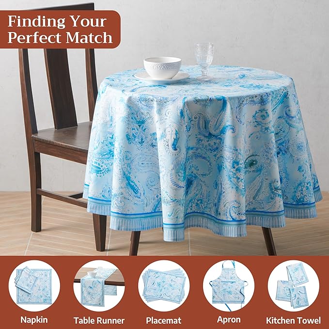 Maison d'Hermine Premium Table Cloth Round Table 100% Cotton 70 Inches Tablecloth Reusable Decorative Everyday Use for Dining Room, Farmhouse, Home, Party, Festive & Wedding - Paisley Blues
