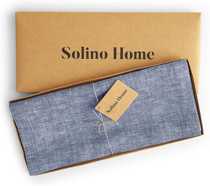 Solino Home Linen Chambray Indigo Table Runner 90 Inches Long - Athena, 100% Pure Linen Dining Table Runner 14 x 90 Inch for Winter, Spring, Easter