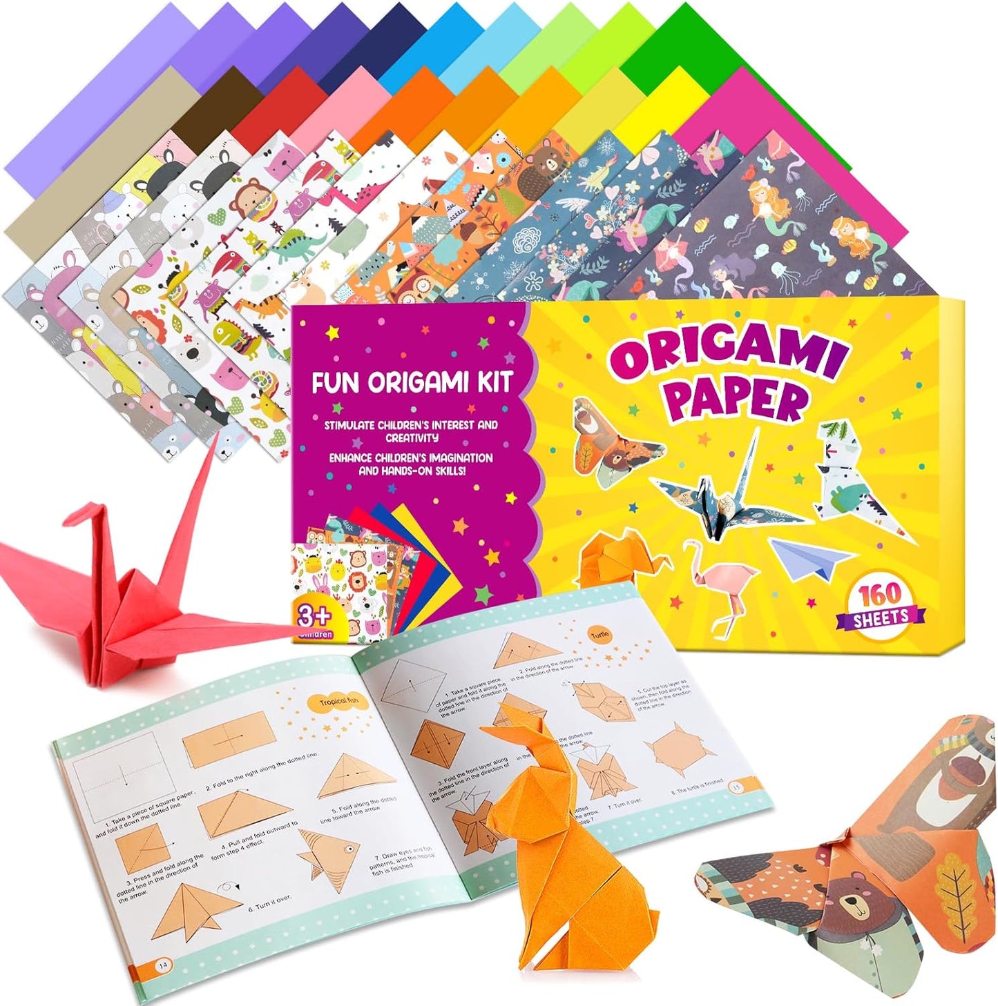 Pigipigi Kids Craft Origami Paper Kit for Kids Ages 5-8 8-12, with Guiding Book, 160 Sheets DIY Art and Crafts Supplies, Colorful Folding Papers Set Projects Gifts Activity for Boy Girl Toy(Forest)