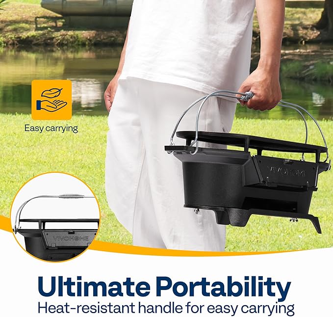 VIVOHOME Oval Cast Iron Grill with Interchangeable Grates & Griddle, 2 Furnace Doors for Heat Control, Includes Gloves, Poker and UV-Resistant Cover