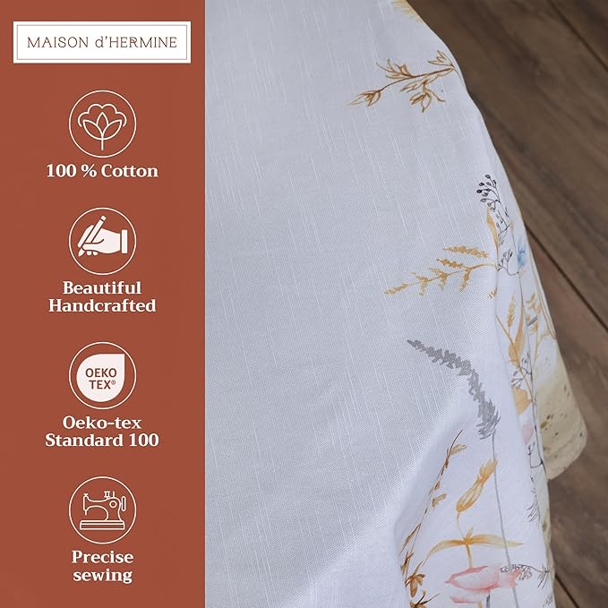 Maison d' Hermine Table Cloth Round Table 100% Cotton 69 Inches Tablecloth Reusable Decorative for Dining Room, Farmhouse, Home, Party, Festive & Wedding Spring Summer - Meadow Florals - Beige