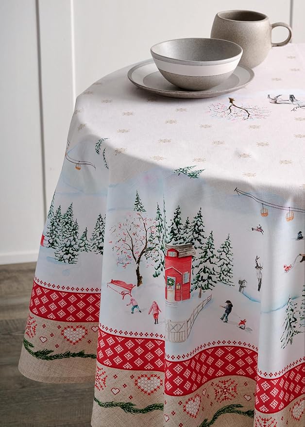 Maison d' Hermine Table Cloth Round Table 100% Cotton 63 Inches Fall Tablecloth Reusable Everyday Use for Thanksgiving Christmas Decorations Dining Farmhouse Party (Rural Christmas)
