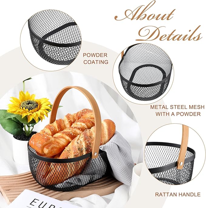 Maxcheck 4 Pcs Oval Metal Wire Storage Basket with Handle for Gathering Vegetables Multi Functional Mesh Basket for Kitchen Bathroom Picnic Home, 10.24 x 7.68 Inch(Black)