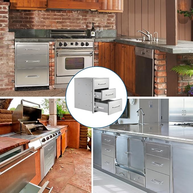 Outdoor Kitchen Drawers 15.7"Wx21.6"Hx17.7"D Flush Mount Access 3-Drawer BBQ Stainless Steel Drawers with Handle for Outdoor Kitchen Island or Grill Station