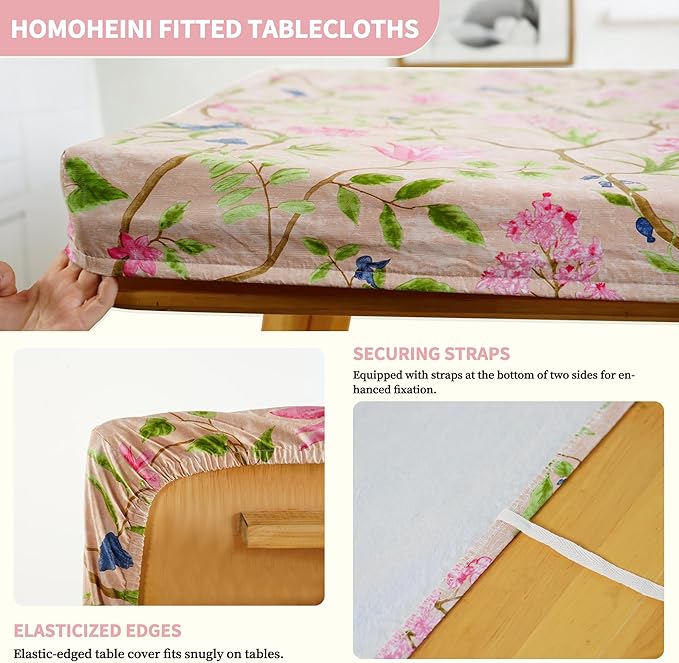 Rectangle Picnic Table Cloth, Elastic Waterproof Fitted Vinyl Tablecloths for 6 Foot Tables, Wipeable Flannel Backed Table Covers for Dining, Camping, Outdoor(Pink Flower,30"x72")
