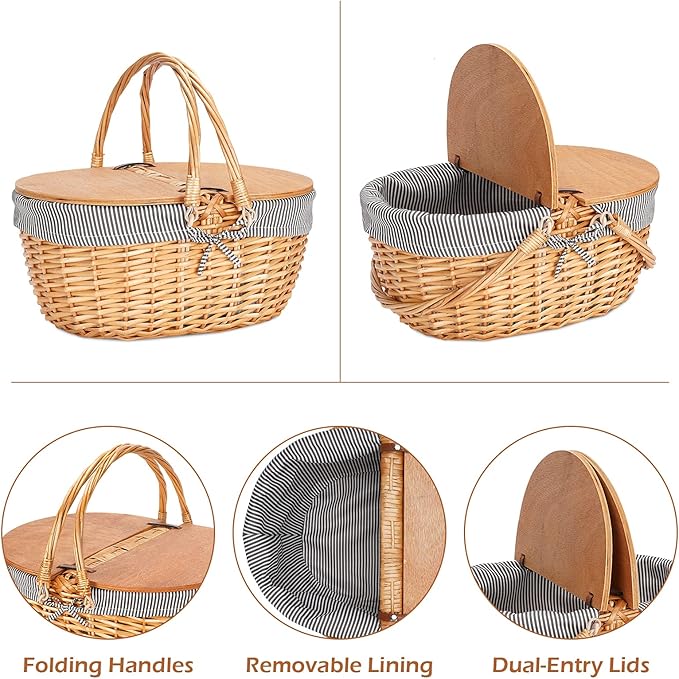 Wicker Picnic Basket with Liner, Wooden Split Lid Picnic Basket, Vintage-Style Picnic Hamper with Folding Woven Handle for Picnic, Camping, Outdoor, Valentine Day, Thanks Giving, Birthday (Grey)