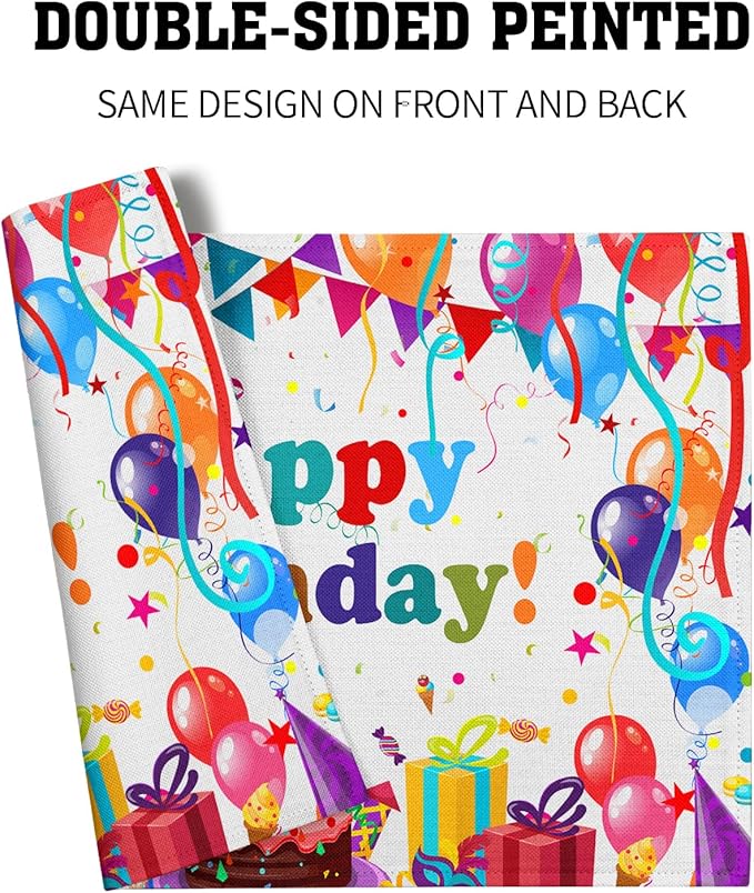 Giwawa Happy Birthday Placemats, Bithday Cake Gifts Decorative Table Mat Set of 4, Colored Flags Balloons Confetti Place Mats 12"x18" for Kitchen Dining Party, Heat Resistant Washable Non-Slip