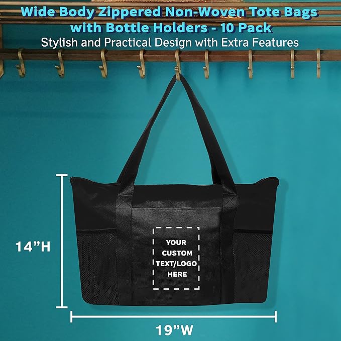 DISCOUNT PROMOS 10 Zippered Non-Woven Tote Bags Set - Customizable Text, Logo - Mesh Pocket, Zippered, Recyclable, Reusable - Black - 19"X14"X3", with Zipper