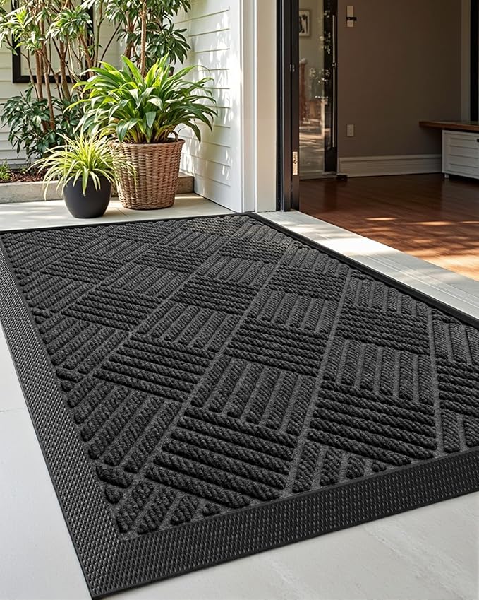 DEXI Front Door Mat Outside Entrance, 2x3 ft Rubber Entry Doormat Heavy Duty, Welcome Mats Non Slip for Inside House Floor Entryway Back Doors Exterior Patio, Diamond Black