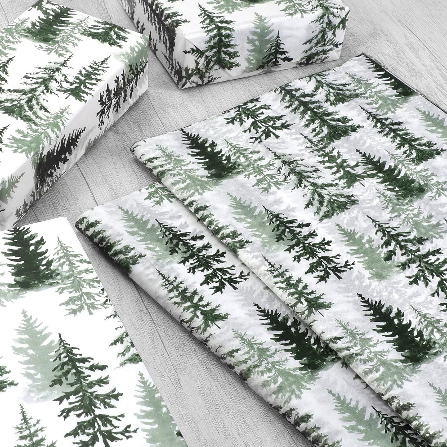 100 Sheets Christmas Tree Tissue Paper, 20x14in Forest Style Wrapping Tissue Watercolor Xmas Tree Art Tissue for Xmas Party Gift Bag Fillers Winter Party Decor (Green)