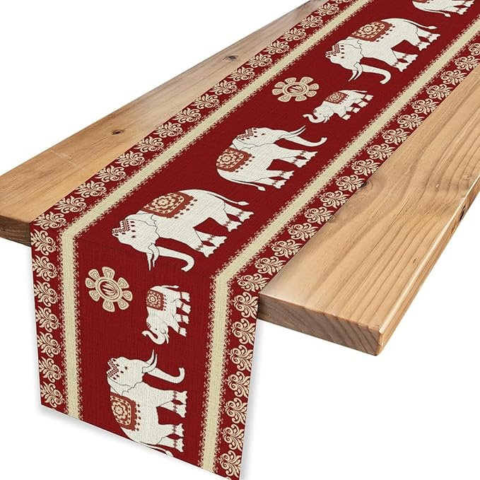 African Tribe Table Runner, Boho Red Elephants Tribal Traditional Diwali India Animal Ethnic Folk Rustic Coffee Table Center Decor for Home Kitchen Holiday Party Outdoor Table Decorations, 13"x36"