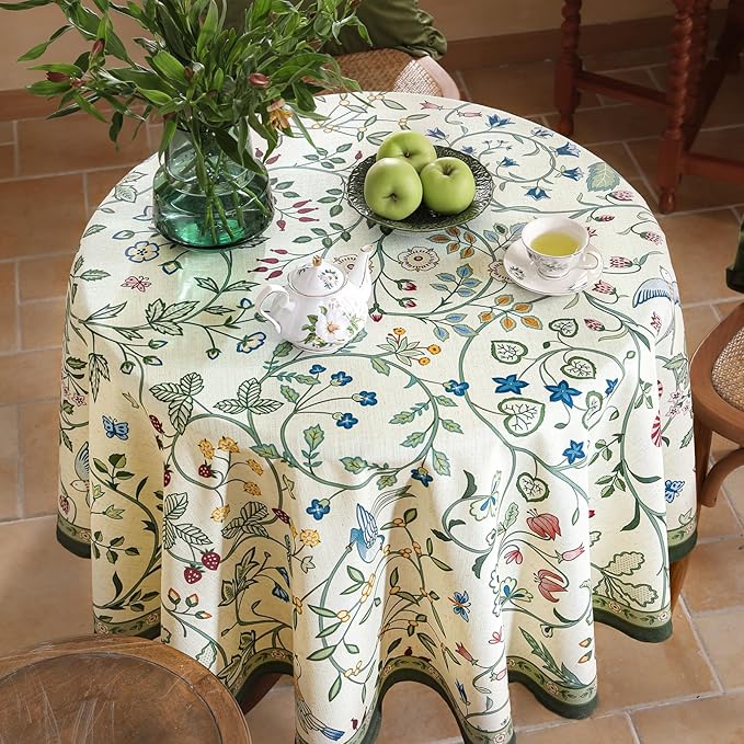 Linen 55 Inch Round Tablecloth,Wrinkle Resistant French White and Green Tablecloth Print with Froal,Decor Stitch Table Cloth for Thanksgiving,Dining Room,Home Diameter 55"-Idaho A