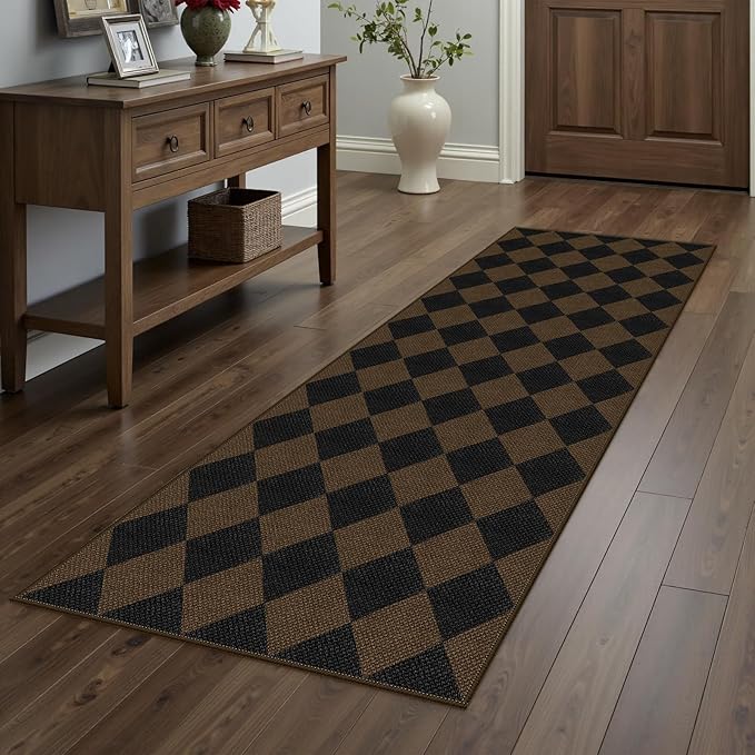 Easy Jute Checkered Runner Rug, 2x6 Coffee Modern Washable Rugs Runner for Hallway Non-Slip Kitchen Runner Rug, Geometric Diamond Indoor Outdoor Carpet for Porch Laundry Entryway