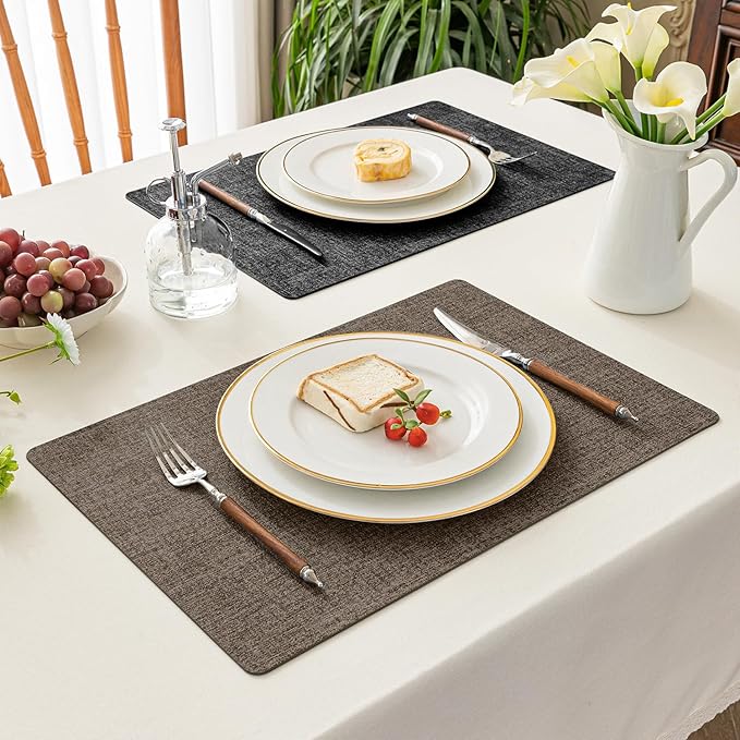 Romanstile Reversible Vinyl Placemats Set of 4, Faux Leather 100% Waterproof Oil-Proof Wipeable Place Mats, Heat Resistant Dual Sided Table Mats for Kitchen/Dining/Party (Grey Brown, 12 x 17 Inch)