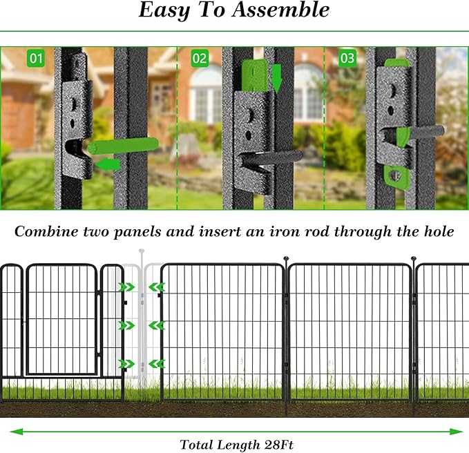 Garden Fence with Gate Metal Fencing Outdoor for Yard, 32in x28ft 12 Panels Outdoor Dog Fence Temporary Fence for Dogs Outside, Rustproof Garden Fencing Flower Bed Edging for Patio
