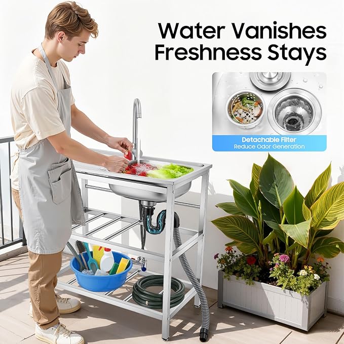 Outdoor Utility Sink, Freestanding Kitchen Sink with Faucet, Utility Sink Freestanding Single Bowl Portable Washing Hand Basin Station with 2 Tier Storage Shelves for Backyard (29.52x 15.74x 30.7in)