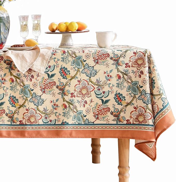 Linen Colorful Floral Small Rectangle Tablecloth,Vintage Indian Colorfast Block Print Table Cloth,Decor Table Cover for Kitchen,Dining,Party,Thanksgiving,Christmas,55"*71"-Mangala