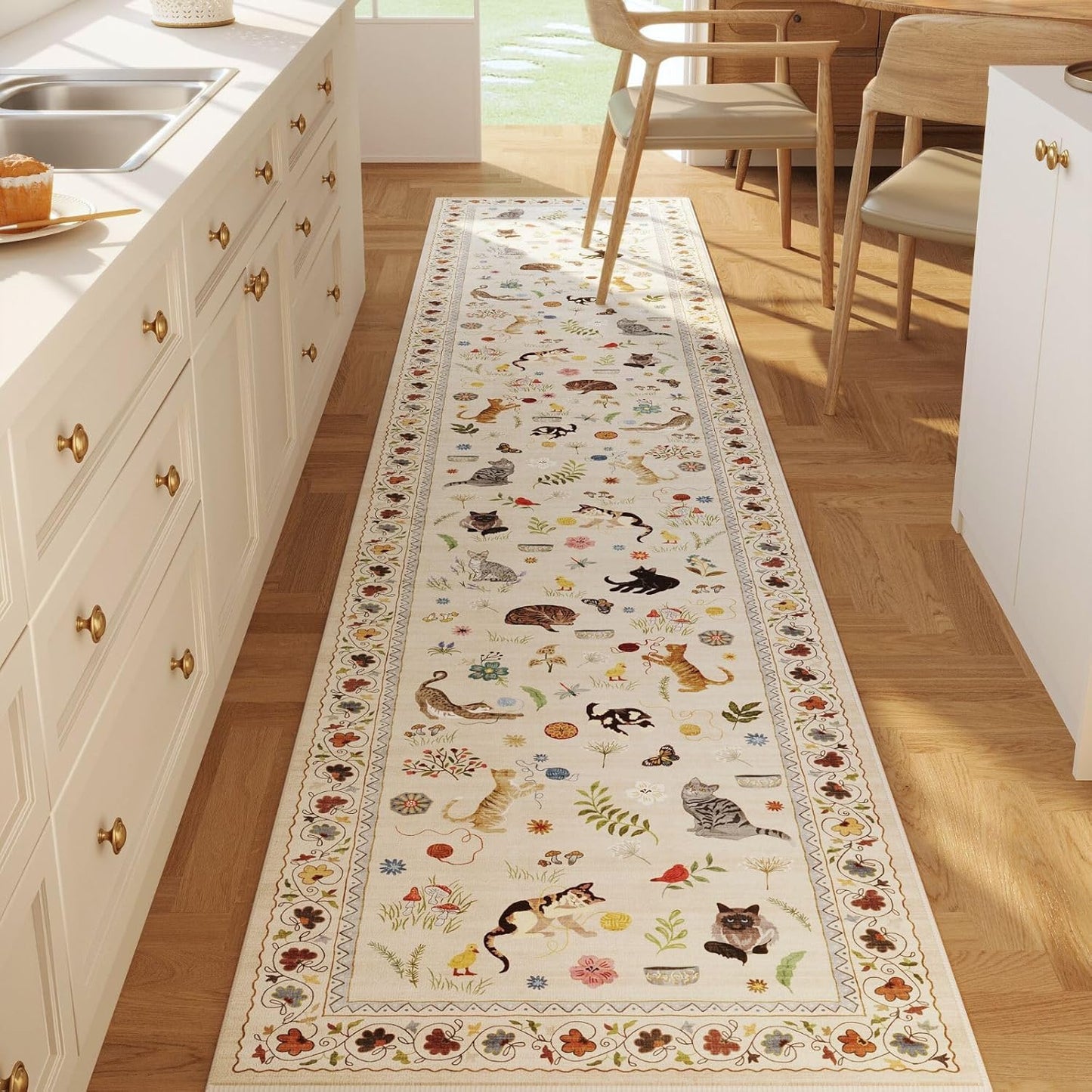 Rugcomf Runners for Kitchen Runner Rug Non Slip 2'x10' Long Washable Rugs with Rubber Backing Soft Floral Animal Cat Carpet Runner for Kitchen Laundry Bedroom Bathroom, Beige