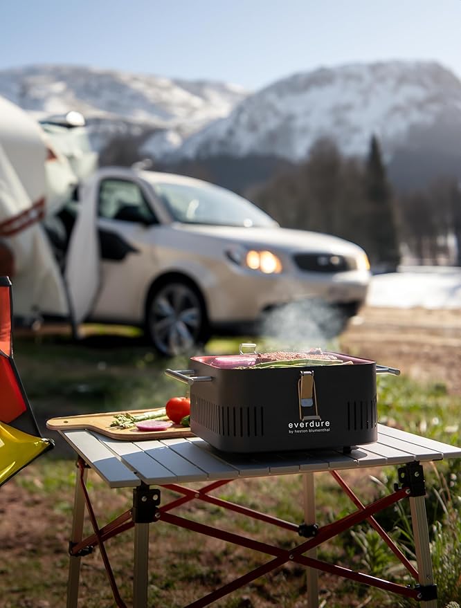 Everdure CUBE Portable Charcoal Grill, Tabletop BBQ, Perfect Tailgate, Beach, Patio, or Camping Grill, Lightweight & Compact Small Grill with Preparation Board & Food Storage Tray, Matte Black