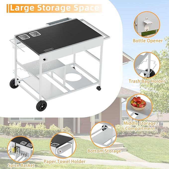 Vongrasig Pizza Oven Cart with Topping Station, Outdoor Grill Table Kitchen Island with Storage for Ninja Woodfire Blackstone Griddle Cuisinart etc Grill, Silver