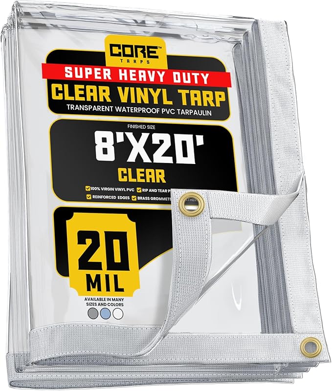 Core Tarps 20 Mil Extreme Heavy Duty Clear Tarp with Gromments - 8x20ft Super Clear Tarps Heavy Duty Waterproof Vinyl Tarpaulin, Transparent Tarp for Outdoor, Camping & Construction, Clear