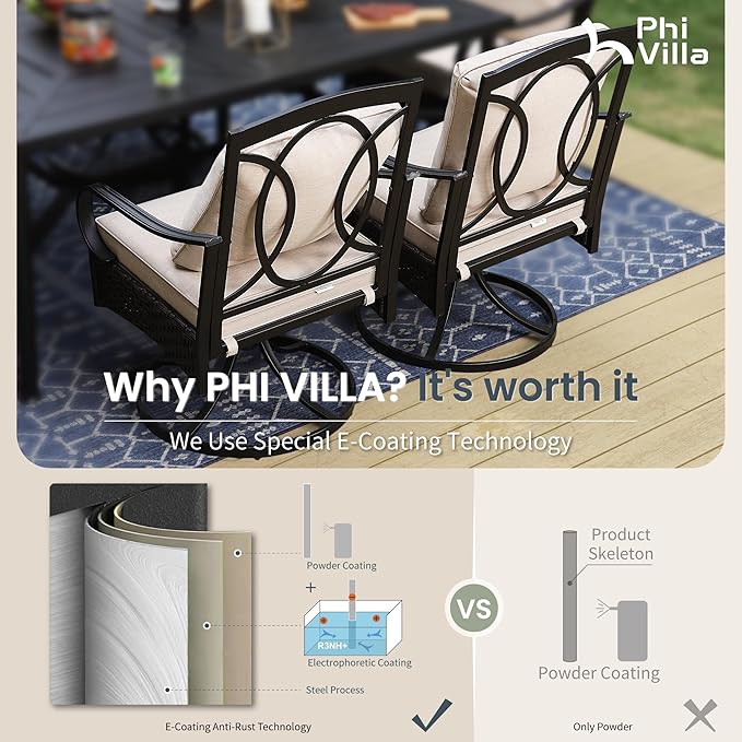 PHI VILLA 7-Piece Outdoor Dining Set, Heavy Duty Patio Table and Chairs Set with Umbrella Hole for 6, 64" Rectangular Patio Woodgrain Metal Table & Wicker Metal Chairs with Cushions, 2 Swivel
