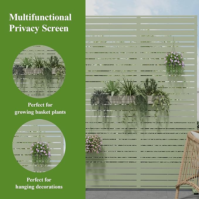 Casaphoria Metal Privacy Screen Outdoor, 72" H x 47" W Freestanding Decorative Privacy Screen for Patio Deck Balcony Garden with Stable Base, Light Green-Louvered