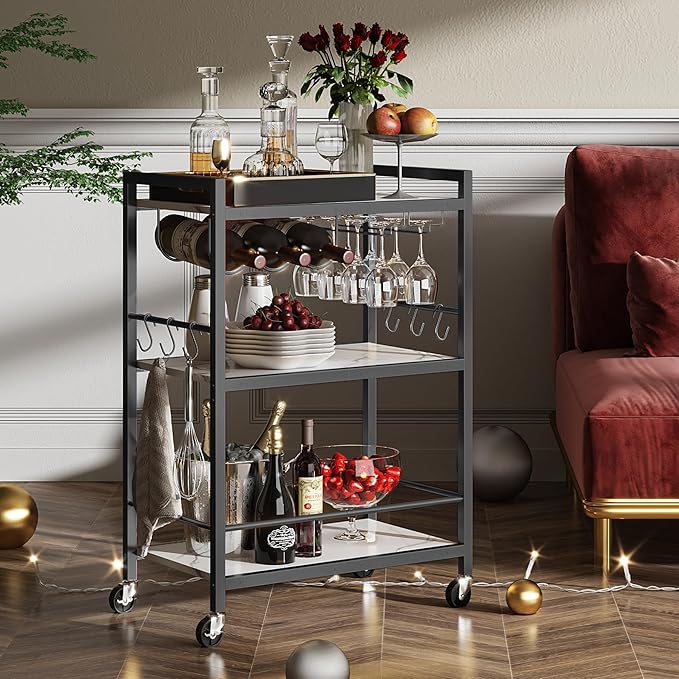 TUTOTAK Bar Cart - Serving Cart for Home - Microwave Cart, Drink Cart, Mobile Kitchen Shelf with Wine Rack and Glass Holder, Rolling Beverage Cart BC01BM030