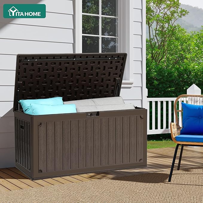 YITAHOME 90 Gallon Double-Wall Deck Box with Side Handles, Outdoor Large Storage for Patio Furniture Cushions, Garden Pool Accessories, Water Resistant & Lockable