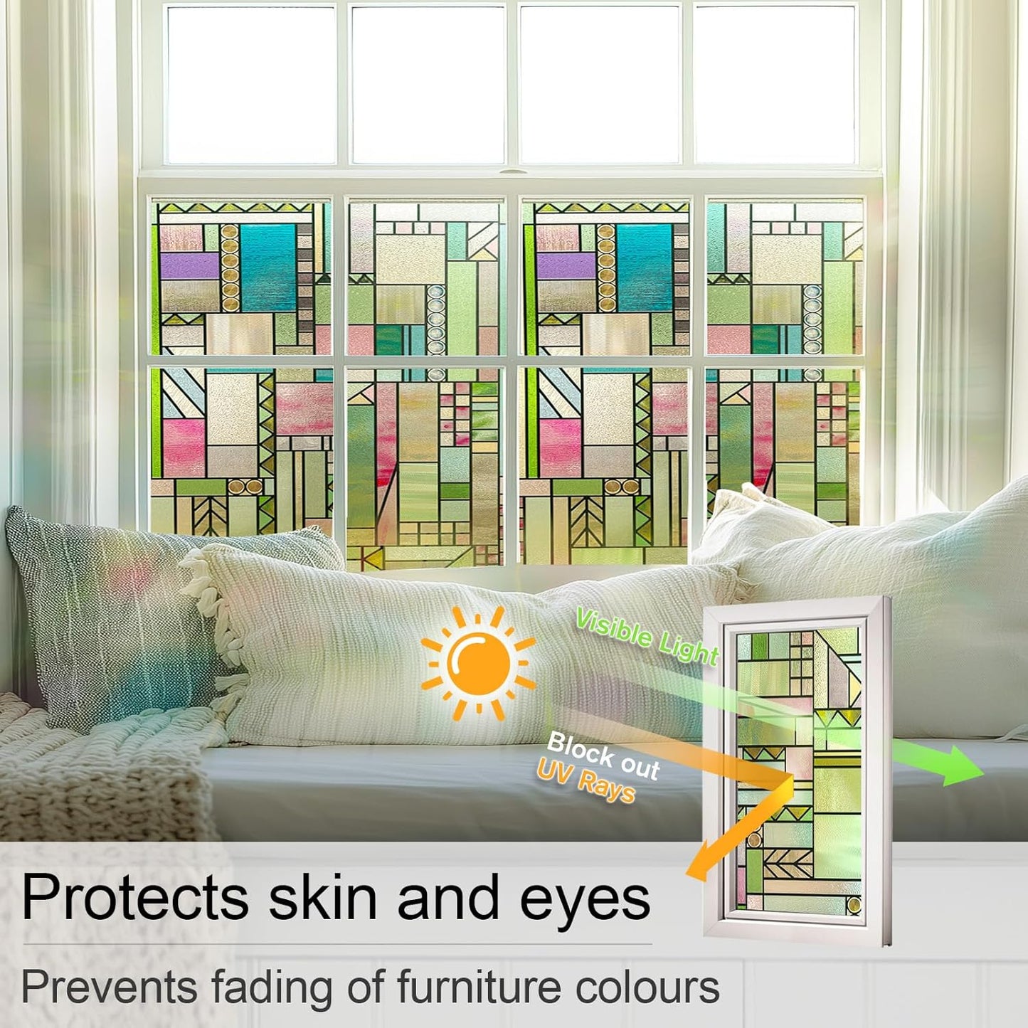 3D Stained Glass Window Privacy Film, Heat Control UV Blocking Static Cling Decorative Window Film for Bathroom,Front Door,Home Non Adhesive 16.9 x 39.3 inches Colorful Abstraction