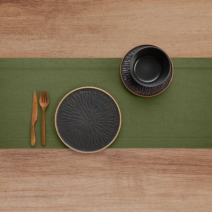 Solino Home Olive Linen Table Runner 156 Inches Long - 100% Pure Linen Classic Hemstitch Table Runner 14 x 156 Inch for Wedding, Parties
