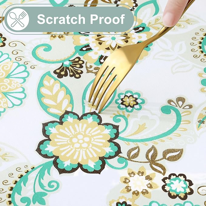 misaya Rectangle Waterproof Vinyl Table Cloth, Wipeable Tablecloth with Flannel Backing, Plastic Table Cover for Dinner, Picnic, Indoor and Outdoor (Paisley Flower, 60" x 102")